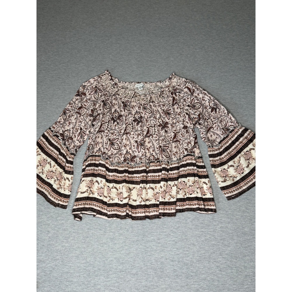 🍁American Eagle Boho Floral Off Shoulder Bell Sleeve Blouse Tan Brown Small - Picture 3 of 9